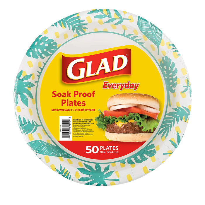 Glad Round Disposable Paper Plates with Palm Leaves Design 10" | 10 Inch Paper Plates | Soak Proof Paper Plates Heavy Duty Microwave Safe| Cut Resistant Disposable Plates for Everyday Use 50 Count