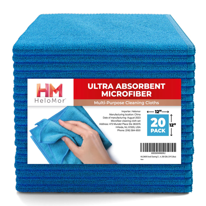 HELOMOR 12x12 Microfiber Cleaning Cloths - 300 GSM 20 PC Set for Kitchen Glass and Car Cleaning (Blue)