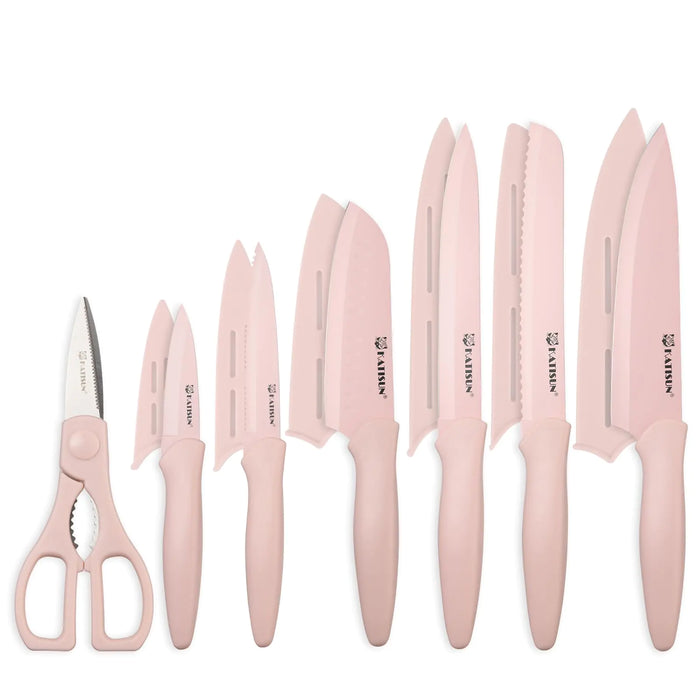 KATISUN Kitchen Knife Set with Guards 13 Piece Pink Non-Stick Boxed Knives Set Anti-Rust and Dishwasher Safe 6 Knives with 6 Blade Covers and Kitchen Shears
