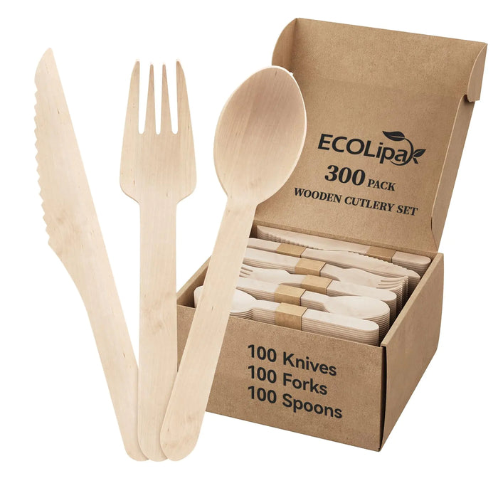 ECOLipak 300 Count Disposable Wooden Cutlery Set 100 Knives Forks and Spoons each Splinter-Free Compostable Wooden Disposable Utensils for Party Camping Traveling Family Dinners