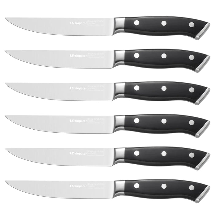 LAZIOPATER Steak Knives Set of 6 Non-Serrated Blades5 inch Steak Knife High Carbon Germany Stainless Steel Premium 5" Kitchen Knives Dishwasher Safe with Gift Box Black
