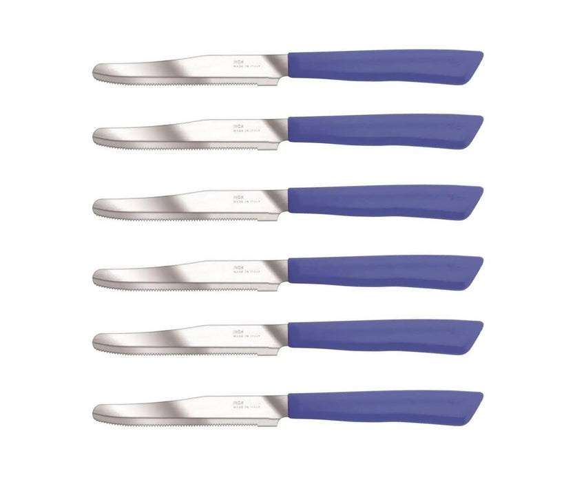 Tredoni 6 kitchen Knives - 4.3"/11cm Italian Stainless Steel Serrated Vegetable/Steak/Table Knife Cutlery Rounded Tip (Blue)