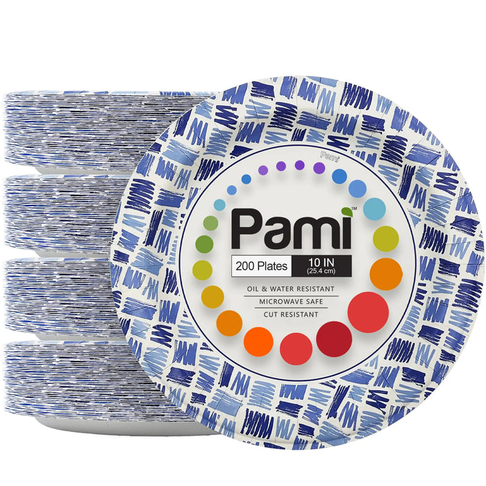 PAMI Premium Paper 10 Inch Plates [Pack of 200] Heavy-Duty Disposable Dinner Plates| Microwave-Safe Paper Plates| Sturdy Oil Water & Cut Resistant Blue Paper Plates